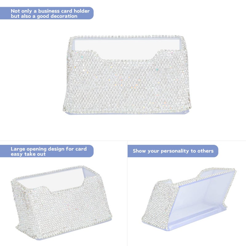 KEYPOWER Business Card Holder Stand for Office - Professional & Luxury Display Womens Office Name Card with White Crystal Accessories (White) - Image 3
